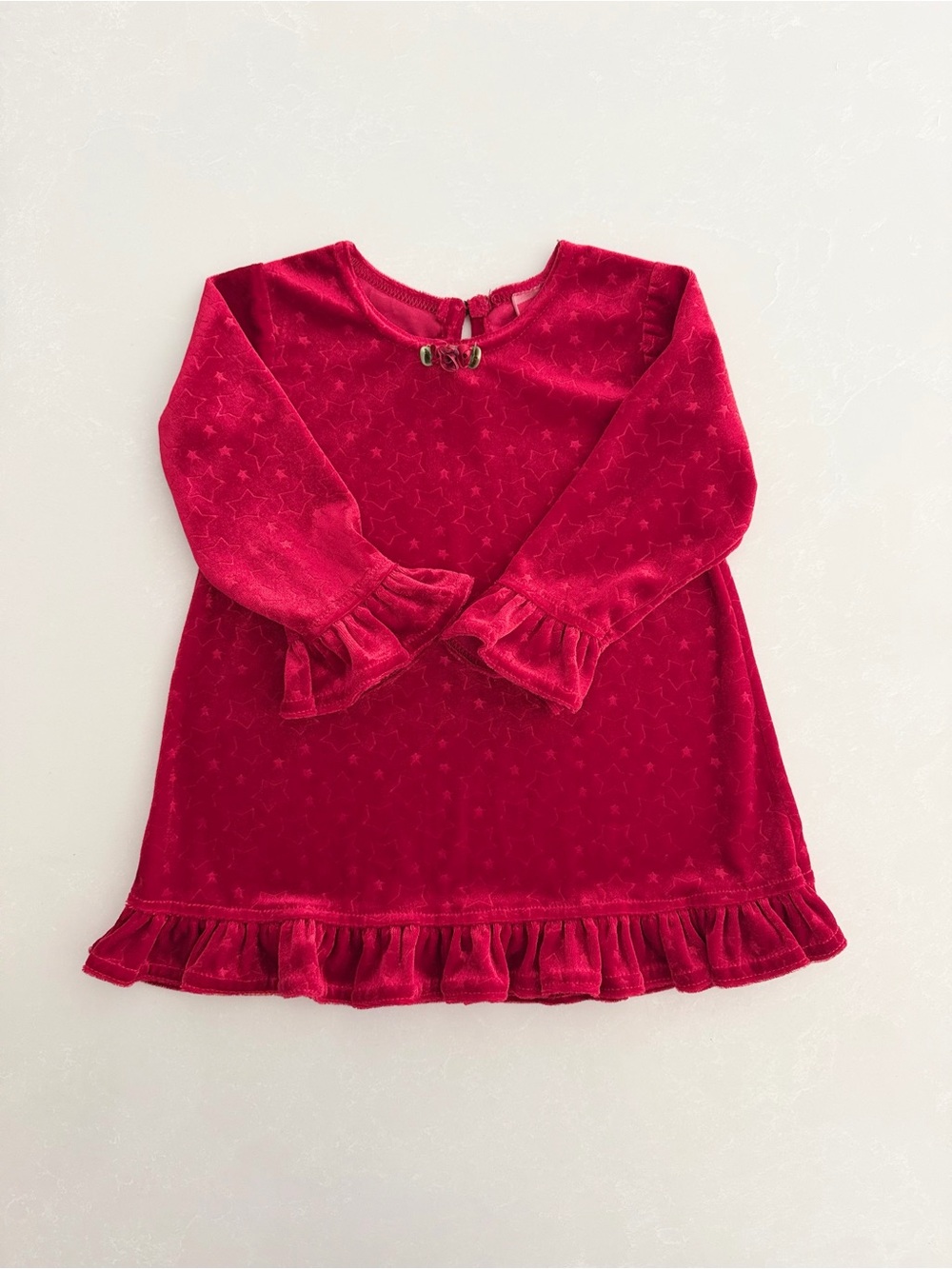 Vintage Holiday Joy Red Velvet Christmas Dress with Stars • Size 18M